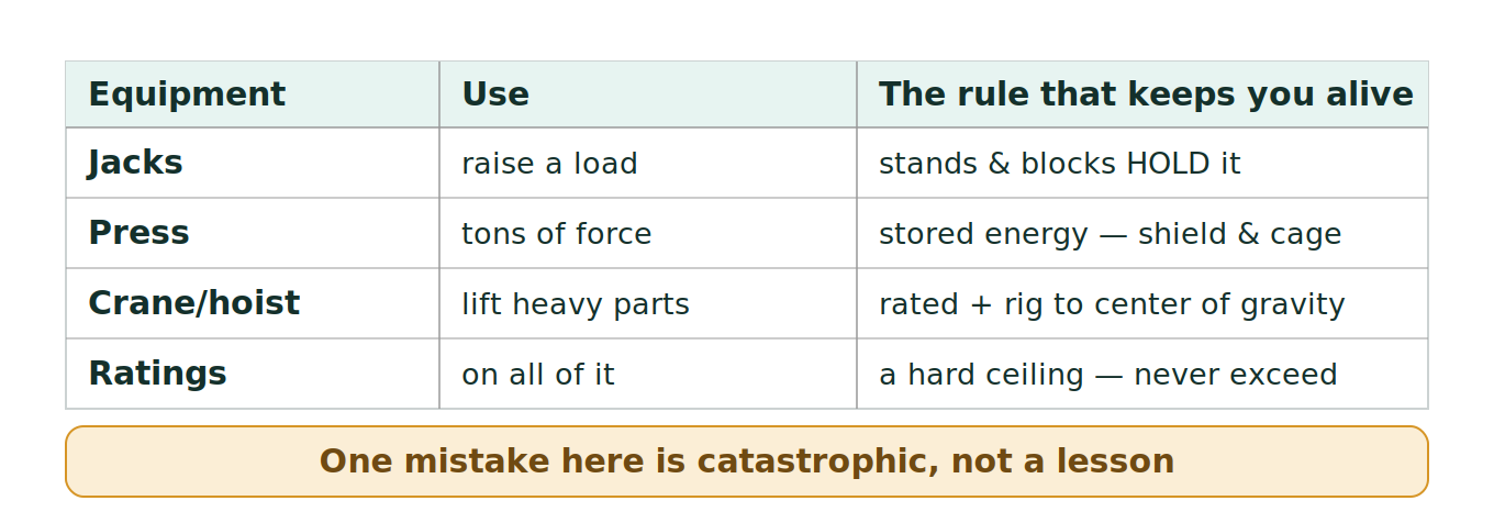 Figure 1: Heavy shop equipment and the rule for each